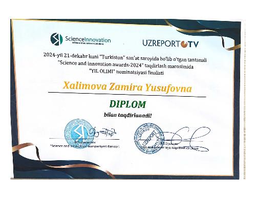 ЭЪЛОН! 2024-йил 21-декабр куни “Туркистон” санъат саройида бўлиб ўтган “SCIENCE AND INNOVATION AWARDS” тақдирлаш маросимининг “Йил олими” номинацияси финалисти